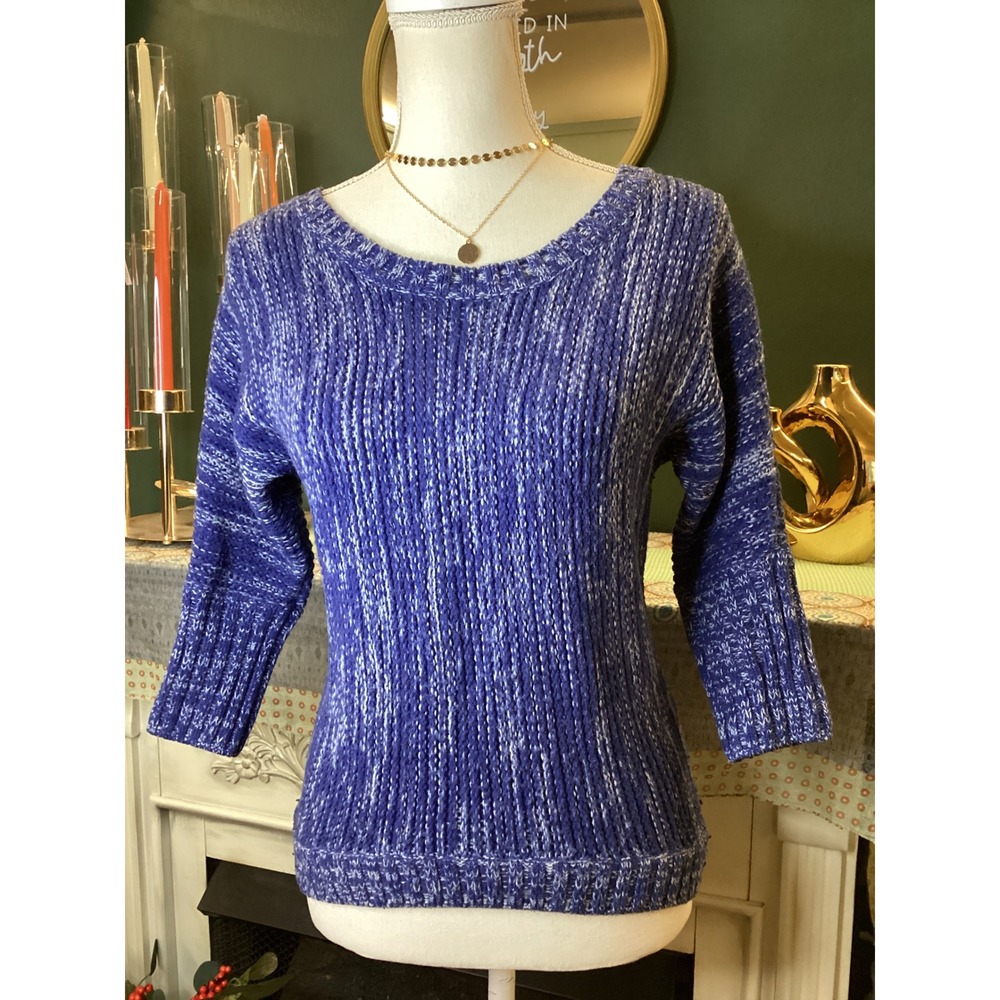 Express Blue White Marled‎ Ribbed Knit Merino Wool Blend Sweater Scoop Neck S